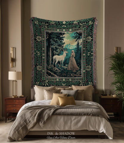 Faerie Realm Mystic Forest Tapestry | Enchanted Gothic Landscape Dark Academia Nature Spirits Woven Throw Blanket Renaissance Magical Art