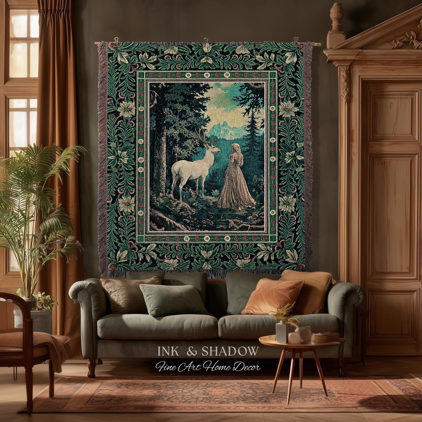 Faerie Realm Mystic Forest Tapestry | Enchanted Gothic Landscape Dark Academia Nature Spirits Woven Throw Blanket Renaissance Magical Art