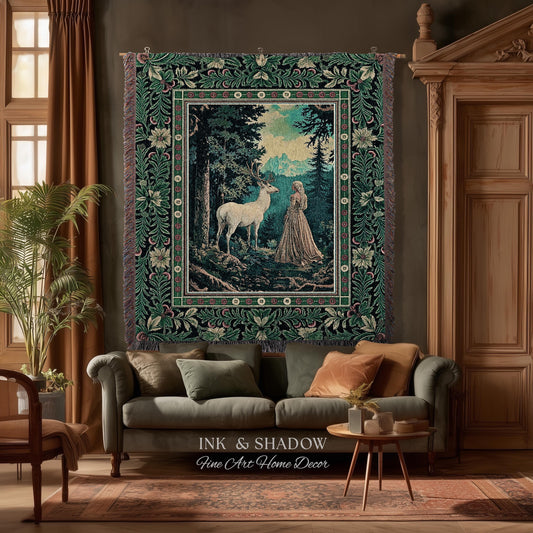 Faerie Realm Mystic Forest Tapestry | Enchanted Gothic Landscape Dark Academia Nature Spirits Woven Throw Blanket Renaissance Magical Art