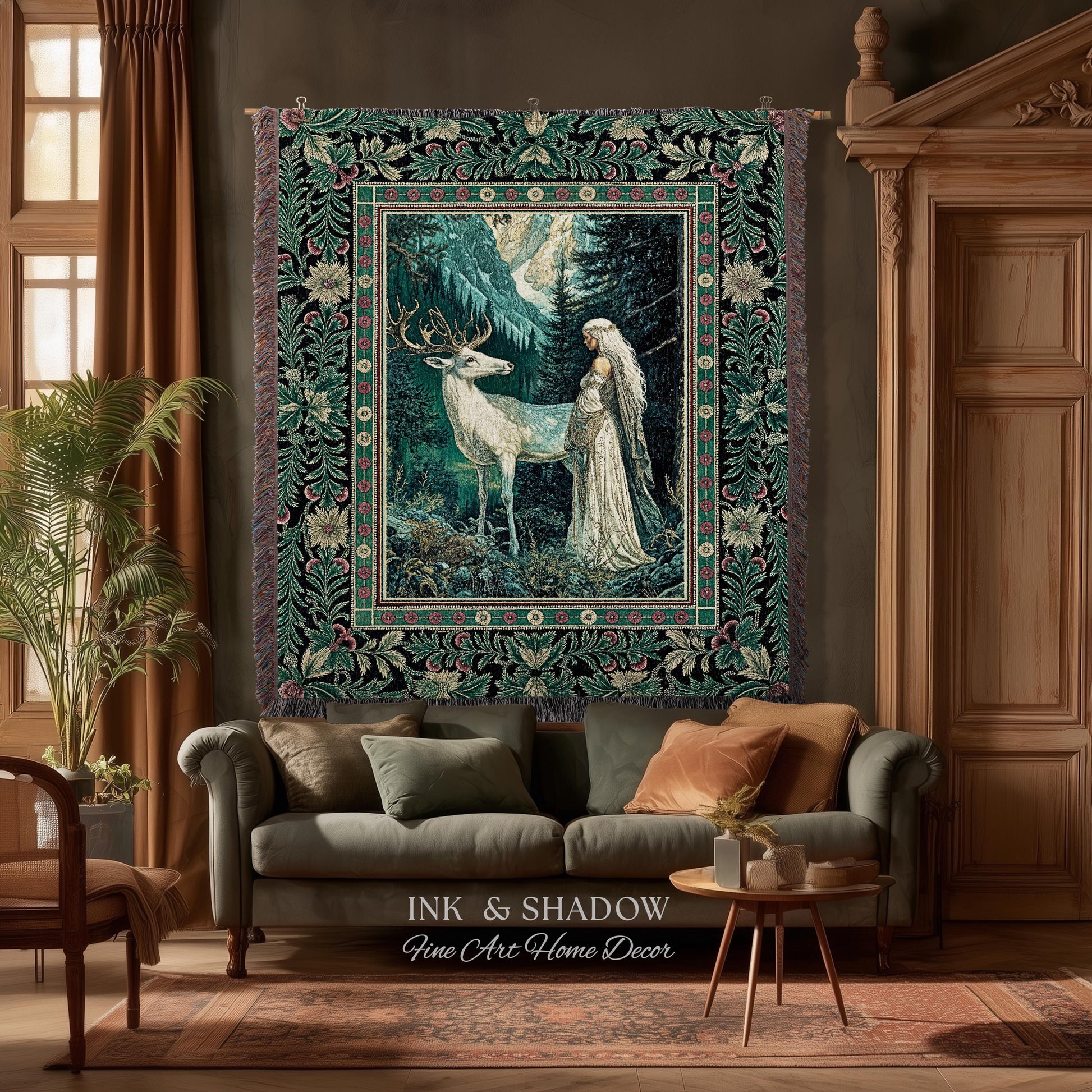 Magic Forest Princess Woven Tapestry | Fairytale Fantasy Renaissance Dark Academia Forest Spirit Ethereal Woodland Folklore Throw Blanket