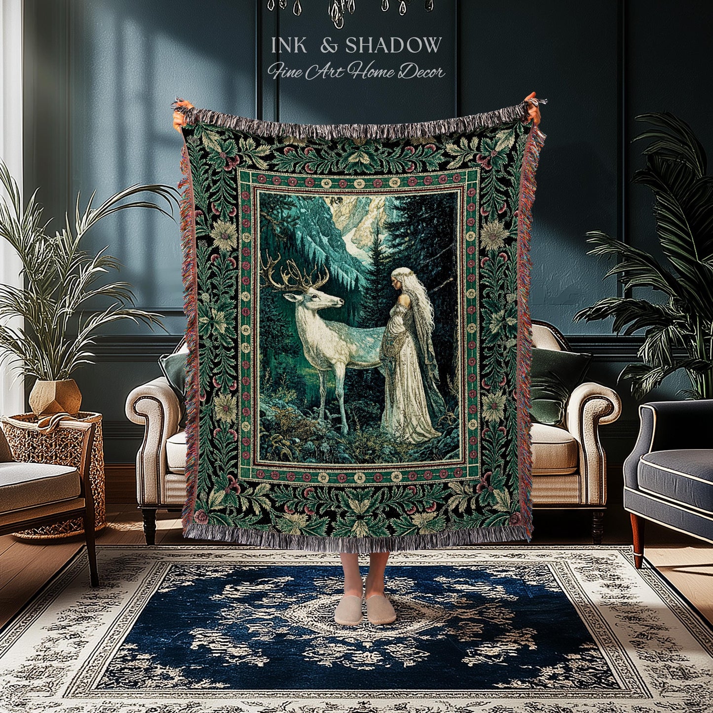 Magic Forest Princess Woven Tapestry | Fairytale Fantasy Renaissance Dark Academia Forest Spirit Ethereal Woodland Folklore Throw Blanket