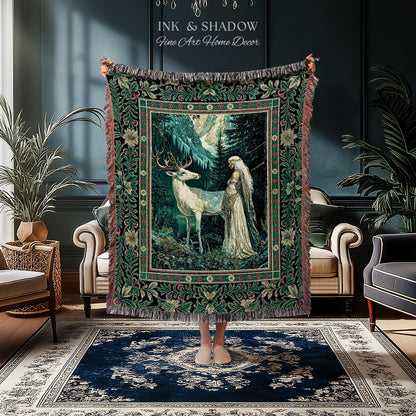 Magic Forest Princess Woven Tapestry | Fairytale Fantasy Renaissance Dark Academia Forest Spirit Ethereal Woodland Folklore Throw Blanket