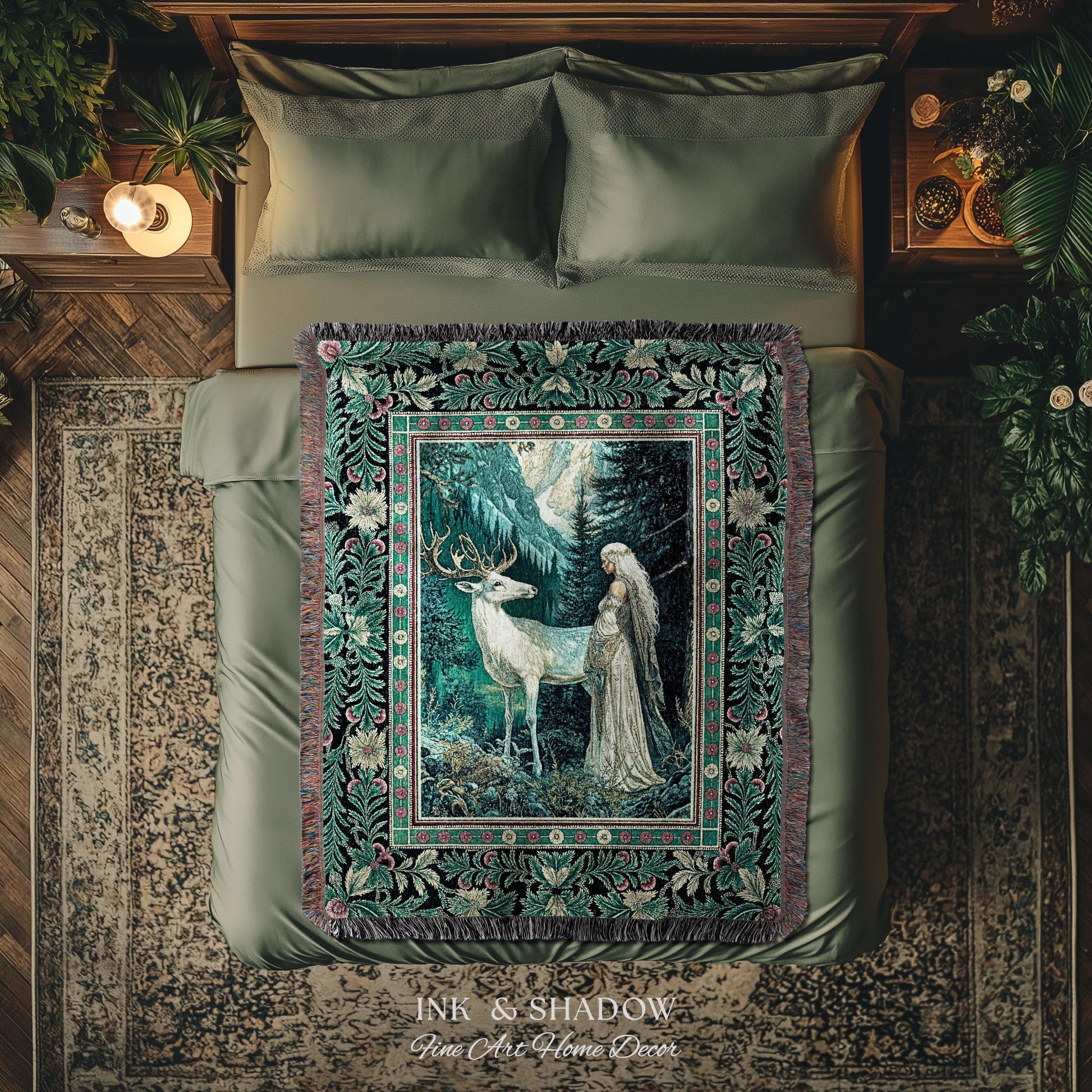 Magic Forest Princess Woven Tapestry | Fairytale Fantasy Renaissance Dark Academia Forest Spirit Ethereal Woodland Folklore Throw Blanket