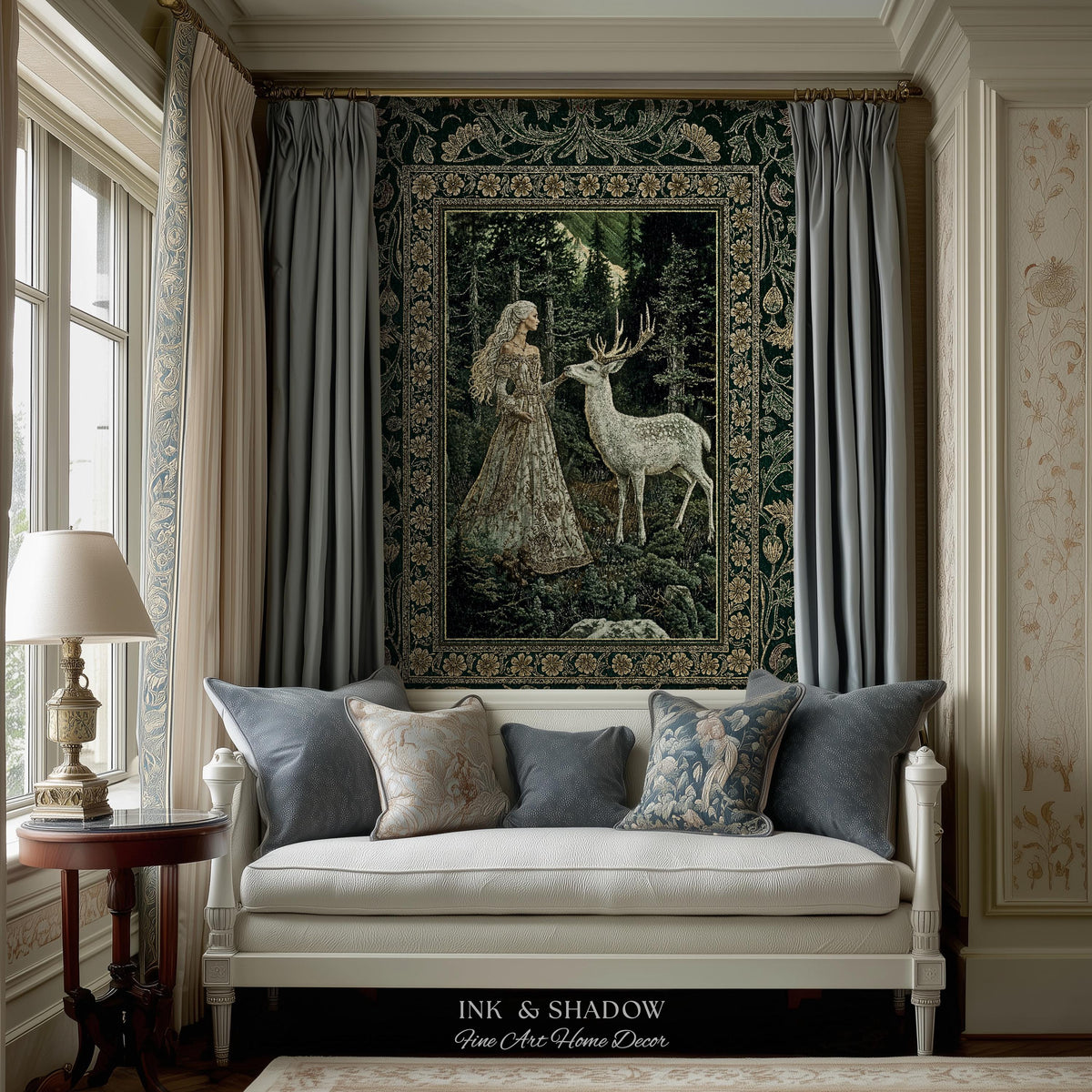 Botanical Folklore Ethereal Woven Throw | Forest Elegance Mother Earth Tapestry Fantasy Blanket Dark Green Wall Art Dark Fairycore Romantic