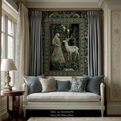 Botanical Folklore Ethereal Woven Throw | Forest Elegance Mother Earth Tapestry Fantasy Blanket Dark Green Wall Art Dark Fairycore Romantic