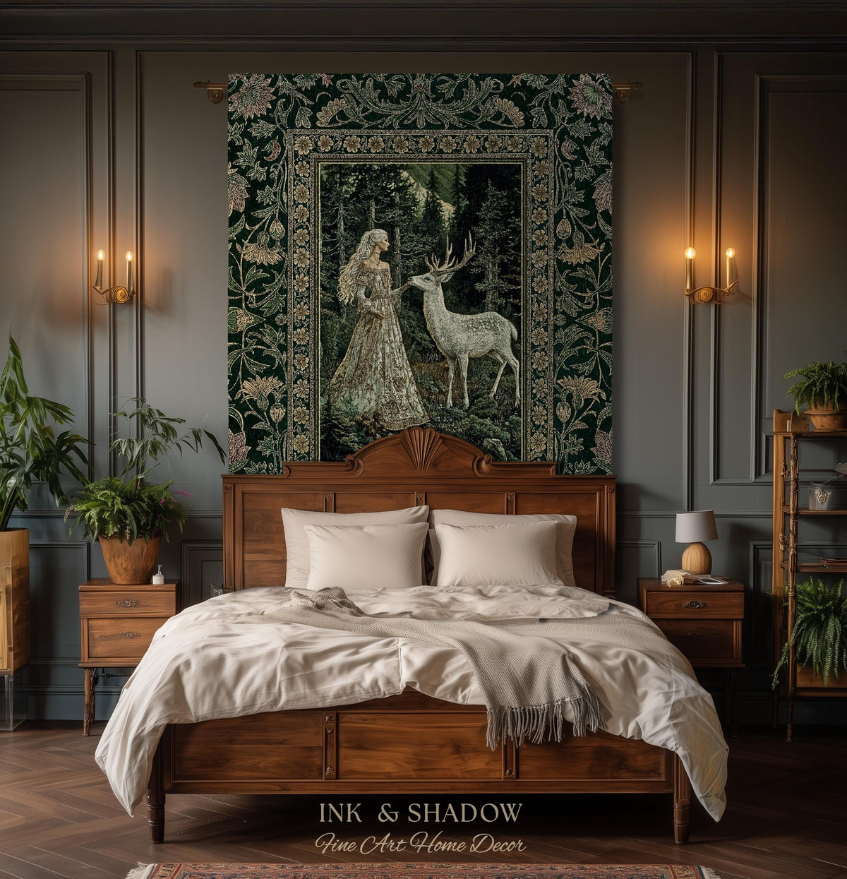 Botanical Folklore Ethereal Woven Throw | Forest Elegance Mother Earth Tapestry Fantasy Blanket Dark Green Wall Art Dark Fairycore Romantic