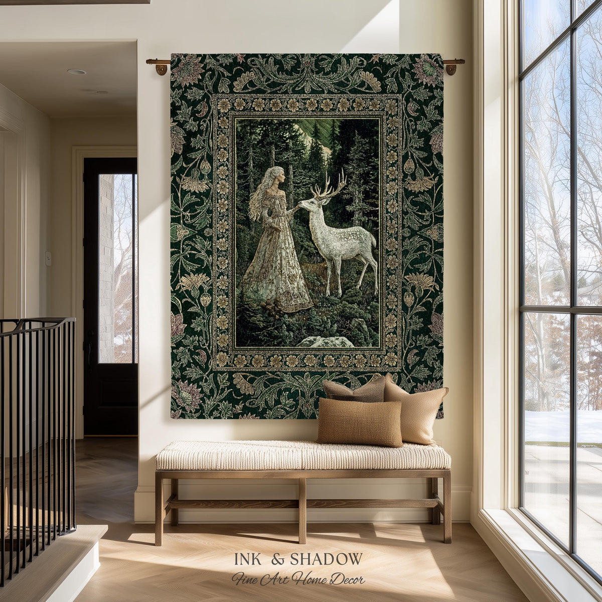 Botanical Folklore Ethereal Woven Throw | Forest Elegance Mother Earth Tapestry Fantasy Blanket Dark Green Wall Art Dark Fairycore Romantic