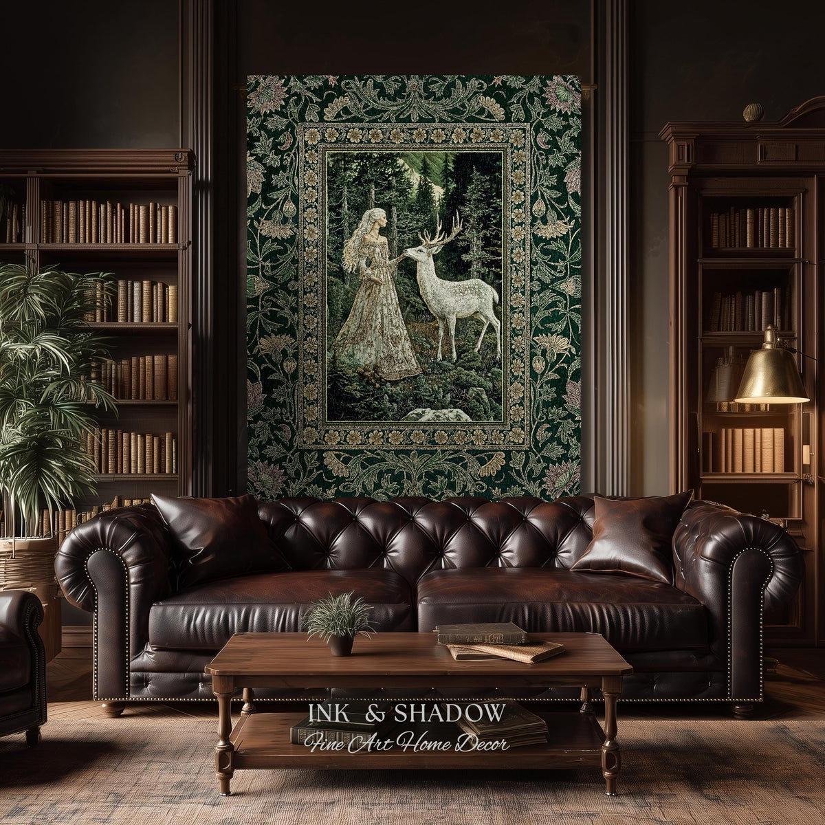 Botanical Folklore Ethereal Woven Throw | Forest Elegance Mother Earth Tapestry Fantasy Blanket Dark Green Wall Art Dark Fairycore Romantic