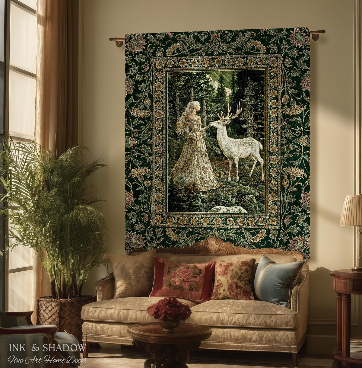 Botanical Folklore Ethereal Woven Throw | Forest Elegance Mother Earth Tapestry Fantasy Blanket Dark Green Wall Art Dark Fairycore Romantic