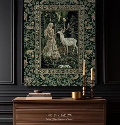 Botanical Folklore Ethereal Woven Throw | Forest Elegance Mother Earth Tapestry Fantasy Blanket Dark Green Wall Art Dark Fairycore Romantic