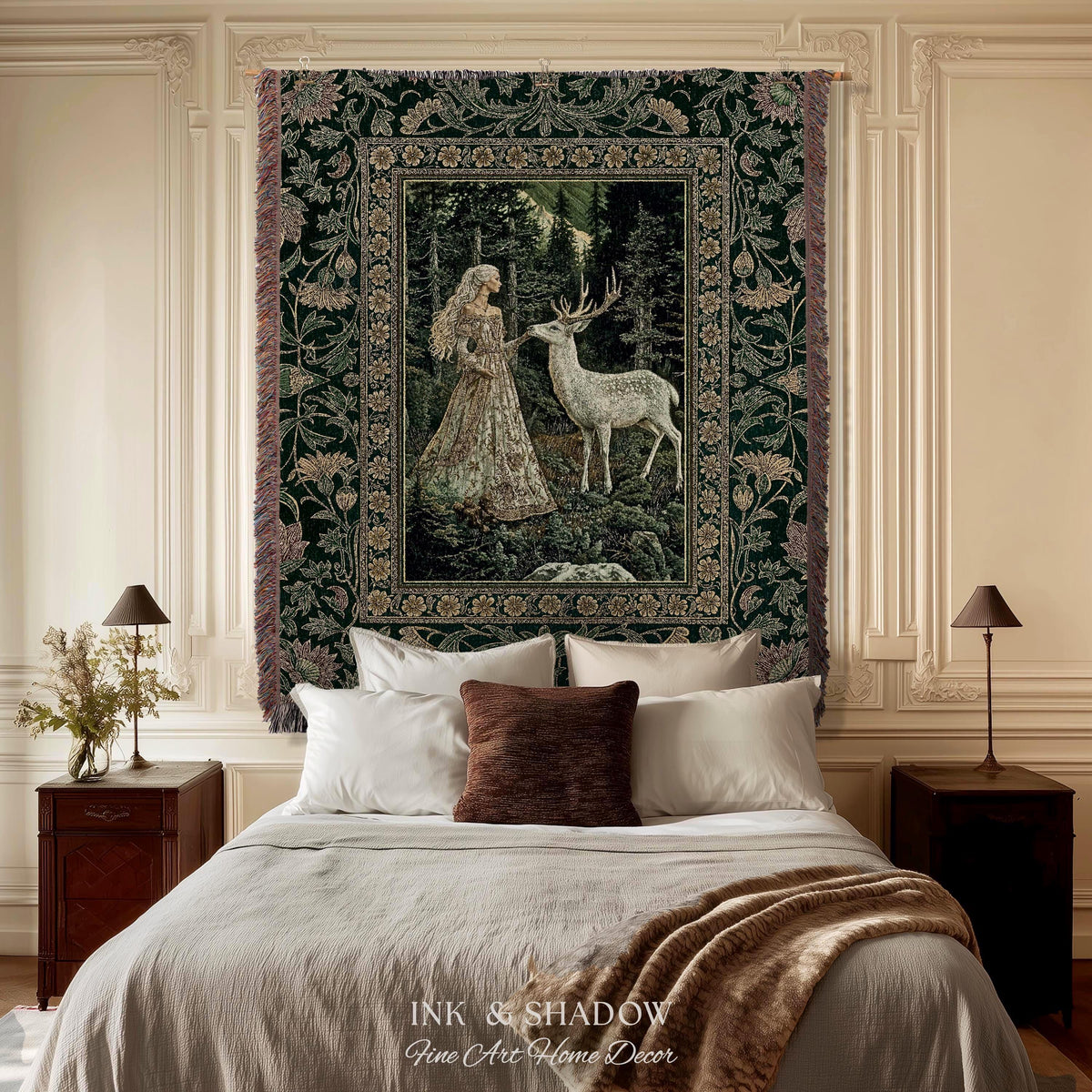 Botanical Folklore Ethereal Woven Throw | Forest Elegance Mother Earth Tapestry Fantasy Blanket Dark Green Wall Art Dark Fairycore Romantic