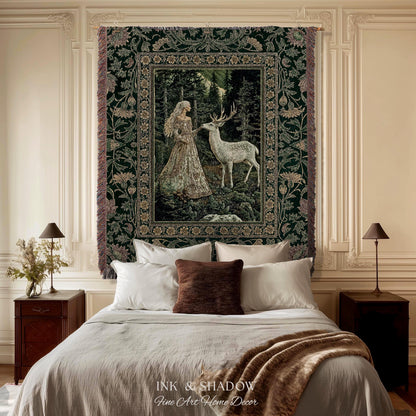 Botanical Folklore Ethereal Woven Throw | Forest Elegance Mother Earth Tapestry Fantasy Blanket Dark Green Wall Art Dark Fairycore Romantic
