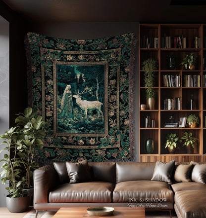 Moody Magic Forest Spirits Woven Tapestry | Dark Nature Renaissance Botanical Cottagecore Medieval Folklore Inspired Fantasy Throw Blanket