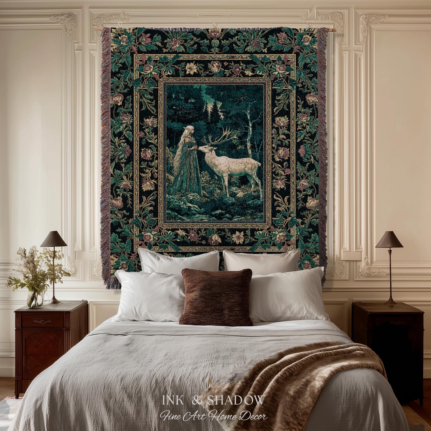 Moody Magic Forest Spirits Woven Tapestry | Dark Nature Renaissance Botanical Cottagecore Medieval Folklore Inspired Fantasy Throw Blanket