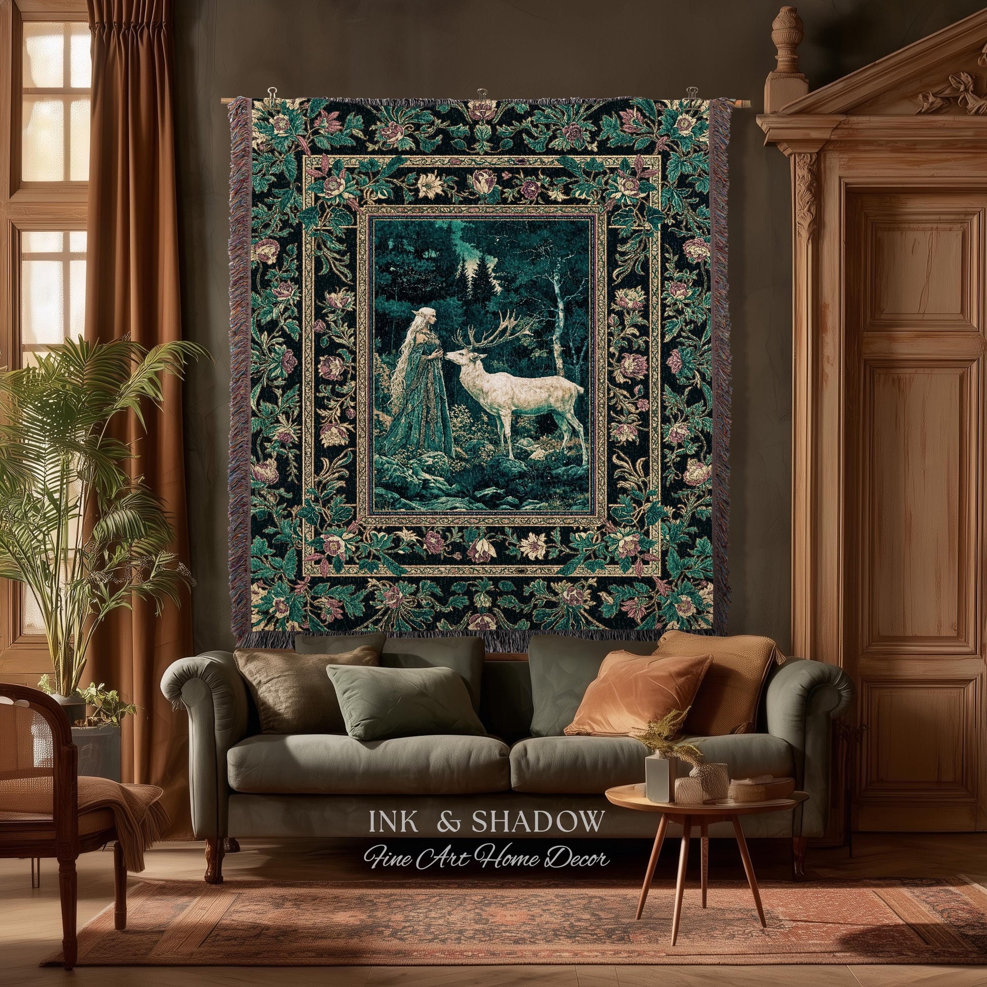 Moody Magic Forest Spirits Woven Tapestry | Dark Nature Renaissance Botanical Cottagecore Medieval Folklore Inspired Fantasy Throw Blanket