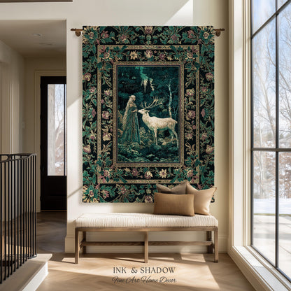 Moody Magic Forest Spirits Woven Tapestry | Dark Nature Renaissance Botanical Cottagecore Medieval Folklore Inspired Fantasy Throw Blanket