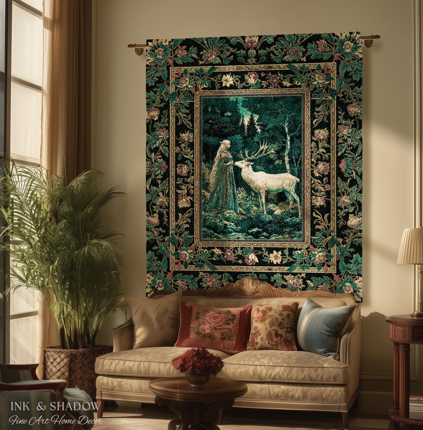 Moody Magic Forest Spirits Woven Tapestry | Dark Nature Renaissance Botanical Cottagecore Medieval Folklore Inspired Fantasy Throw Blanket