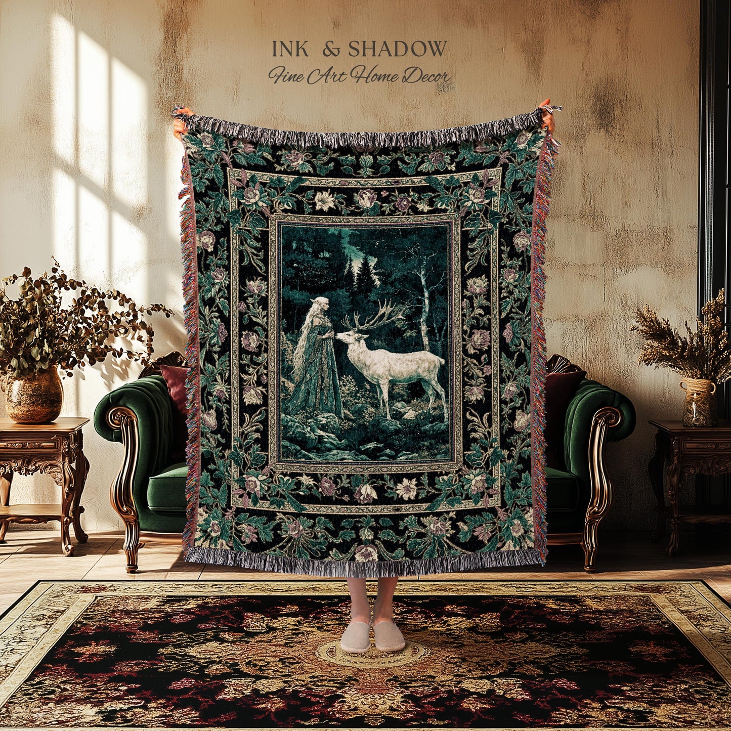 Moody Magic Forest Spirits Woven Tapestry | Dark Nature Renaissance Botanical Cottagecore Medieval Folklore Inspired Fantasy Throw Blanket