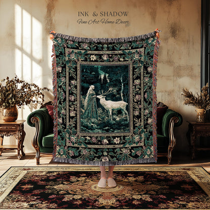 Moody Magic Forest Spirits Woven Tapestry | Dark Nature Renaissance Botanical Cottagecore Medieval Folklore Inspired Fantasy Throw Blanket