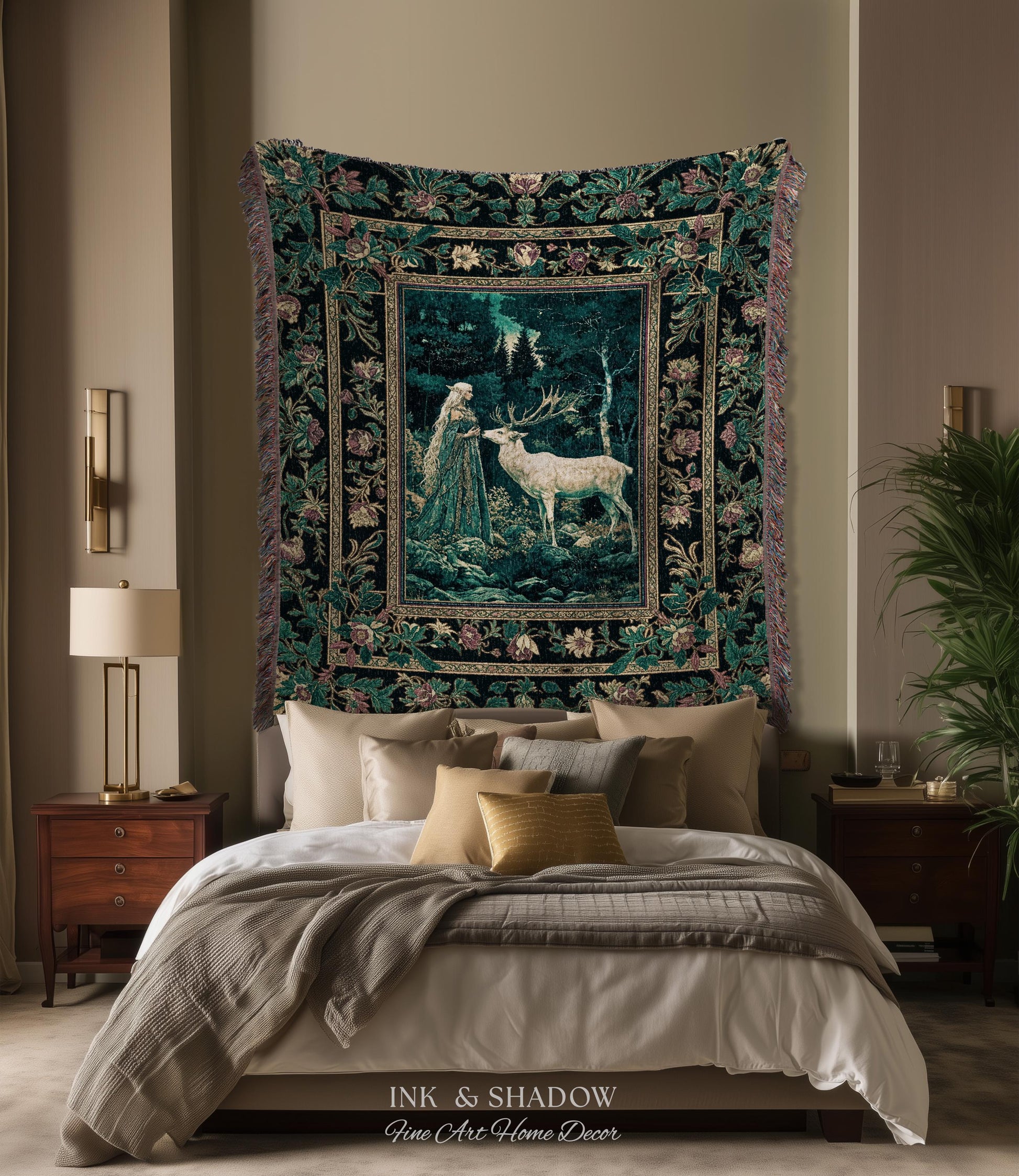 Moody Magic Forest Spirits Woven Tapestry | Dark Nature Renaissance Botanical Cottagecore Medieval Folklore Inspired Fantasy Throw Blanket