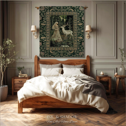 Botanical Folklore Ethereal Woven Throw | Forest Elegance Mother Earth Tapestry Fantasy Blanket Dark Green Wall Art Dark Fairycore Romantic