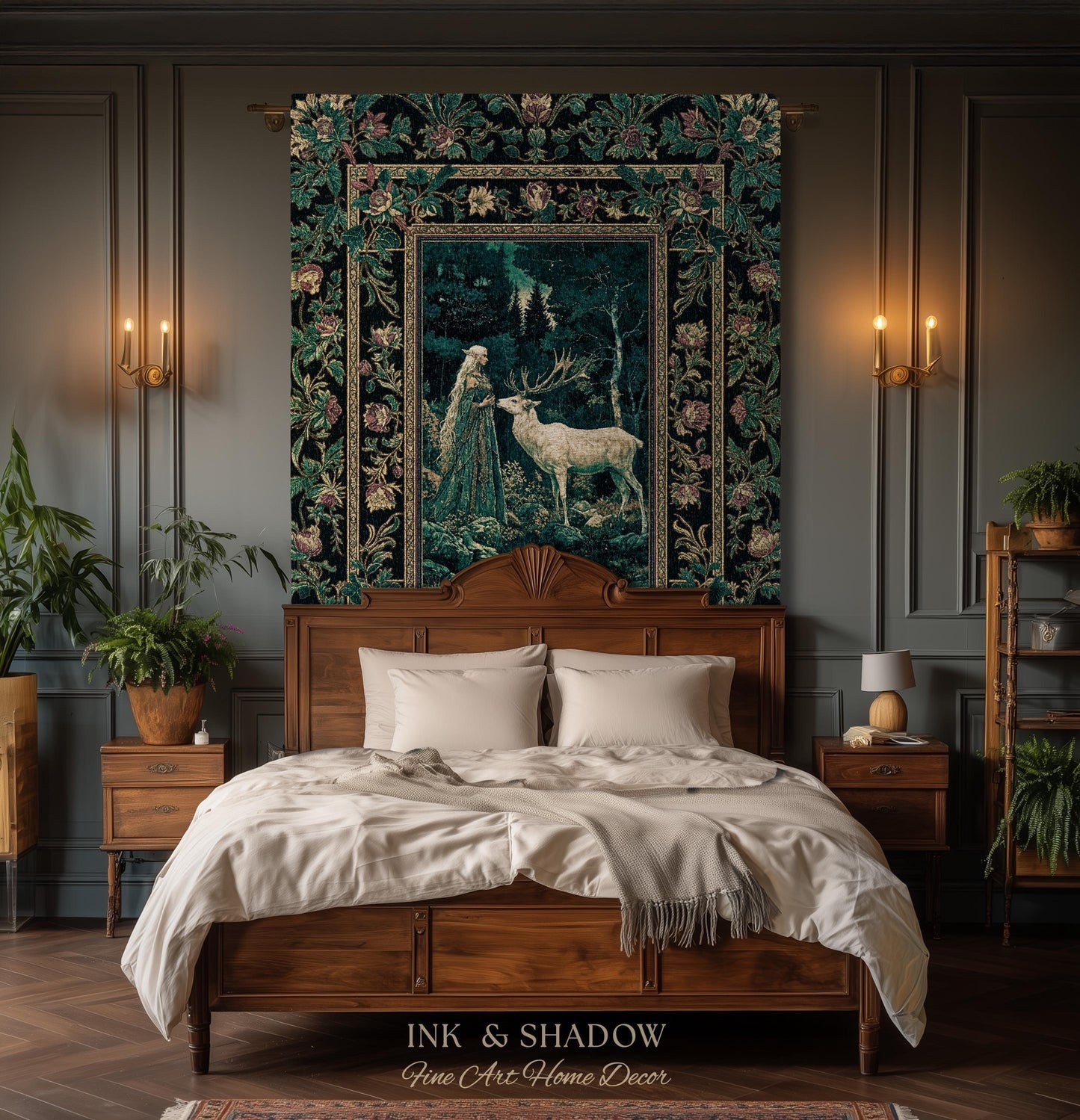 Moody Magic Forest Spirits Woven Tapestry | Dark Nature Renaissance Botanical Cottagecore Medieval Folklore Inspired Fantasy Throw Blanket