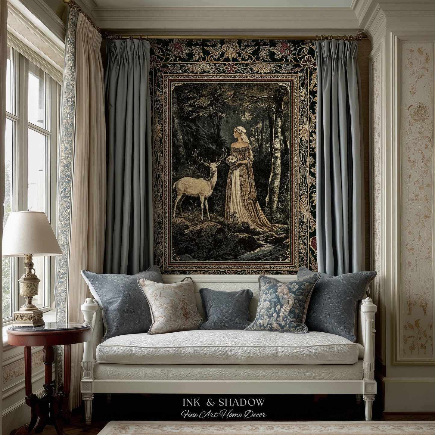 Nature Spirits Ethereal Woven Tapestry | Royal Medieval Folklore Whimsical Woodland Landscape Throw Blanket Fantasy Dark Forest Wall Hanging