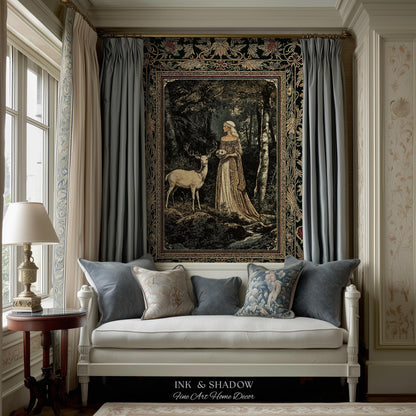 Nature Spirits Ethereal Woven Tapestry | Royal Medieval Folklore Whimsical Woodland Landscape Throw Blanket Fantasy Dark Forest Wall Hanging