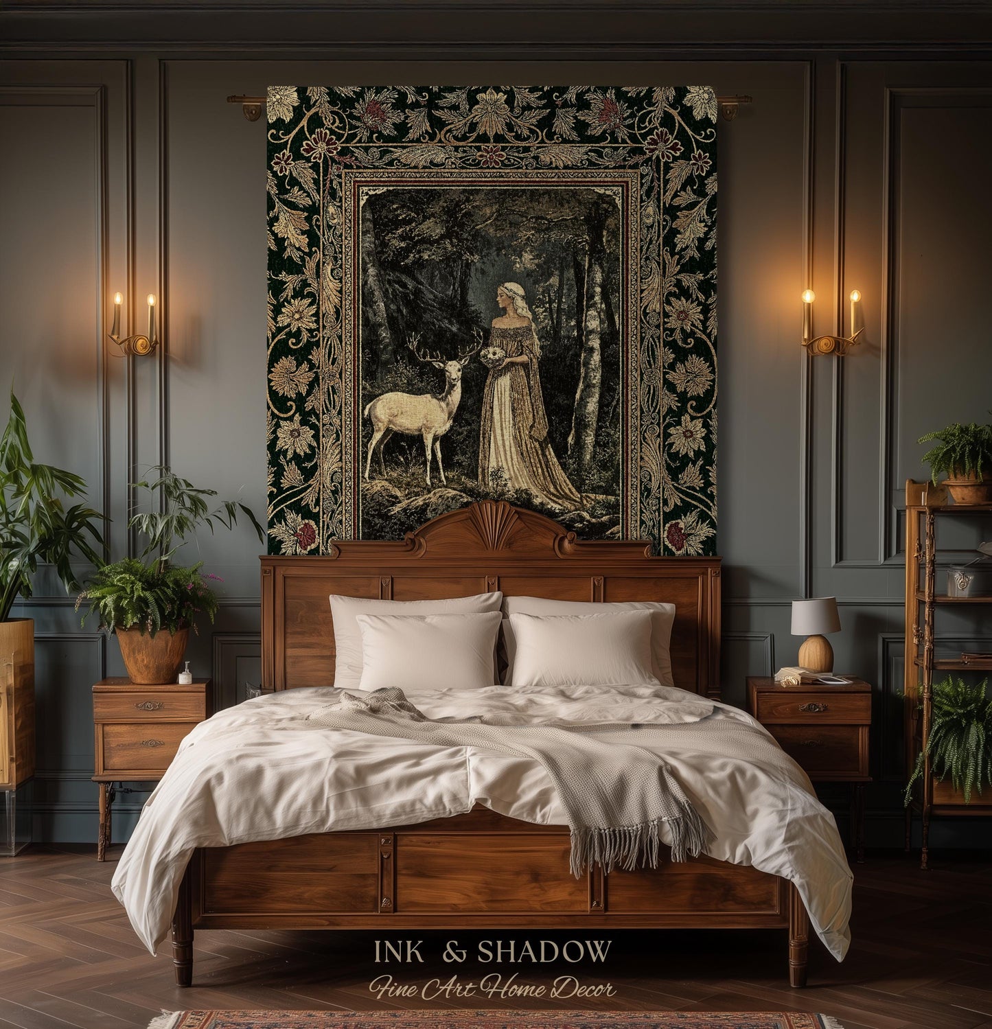 Nature Spirits Ethereal Woven Tapestry | Royal Medieval Folklore Whimsical Woodland Landscape Throw Blanket Fantasy Dark Forest Wall Hanging
