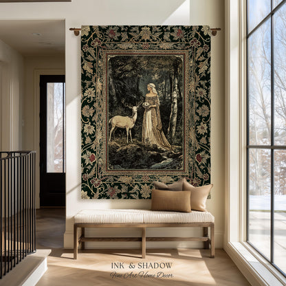 Nature Spirits Ethereal Woven Tapestry | Royal Medieval Folklore Whimsical Woodland Landscape Throw Blanket Fantasy Dark Forest Wall Hanging