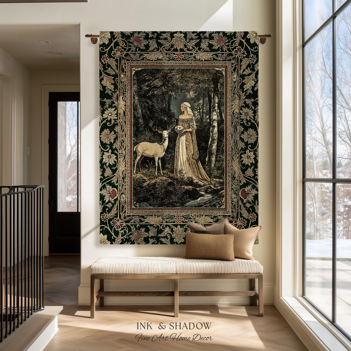 Nature Spirits Ethereal Woven Tapestry | Royal Medieval Folklore Whimsical Woodland Landscape Throw Blanket Fantasy Dark Forest Wall Hanging