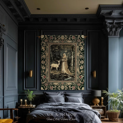 Nature Spirits Ethereal Woven Tapestry | Royal Medieval Folklore Whimsical Woodland Landscape Throw Blanket Fantasy Dark Forest Wall Hanging