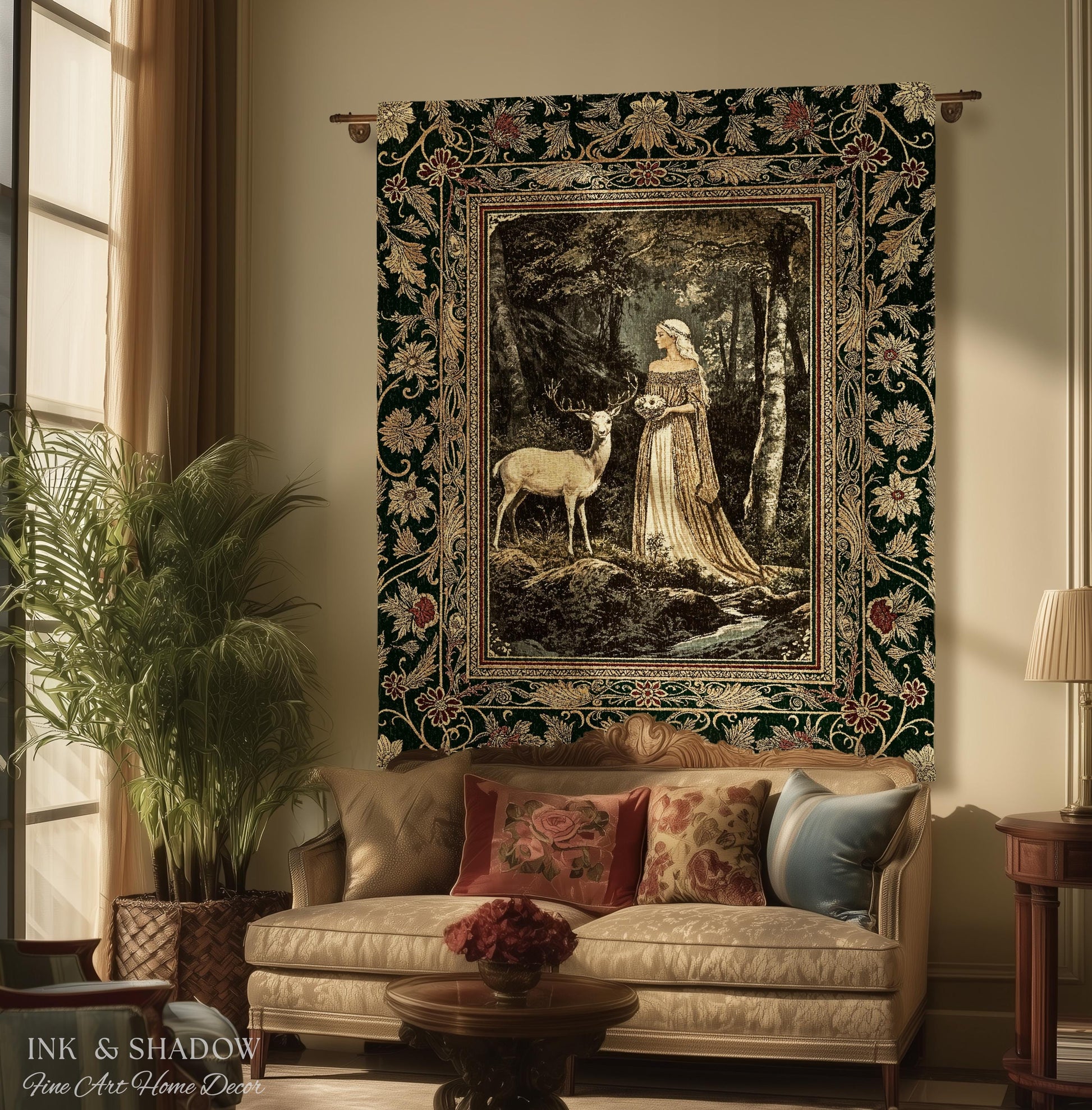 Nature Spirits Ethereal Woven Tapestry | Royal Medieval Folklore Whimsical Woodland Landscape Throw Blanket Fantasy Dark Forest Wall Hanging