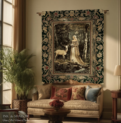 Nature Spirits Ethereal Woven Tapestry | Royal Medieval Folklore Whimsical Woodland Landscape Throw Blanket Fantasy Dark Forest Wall Hanging