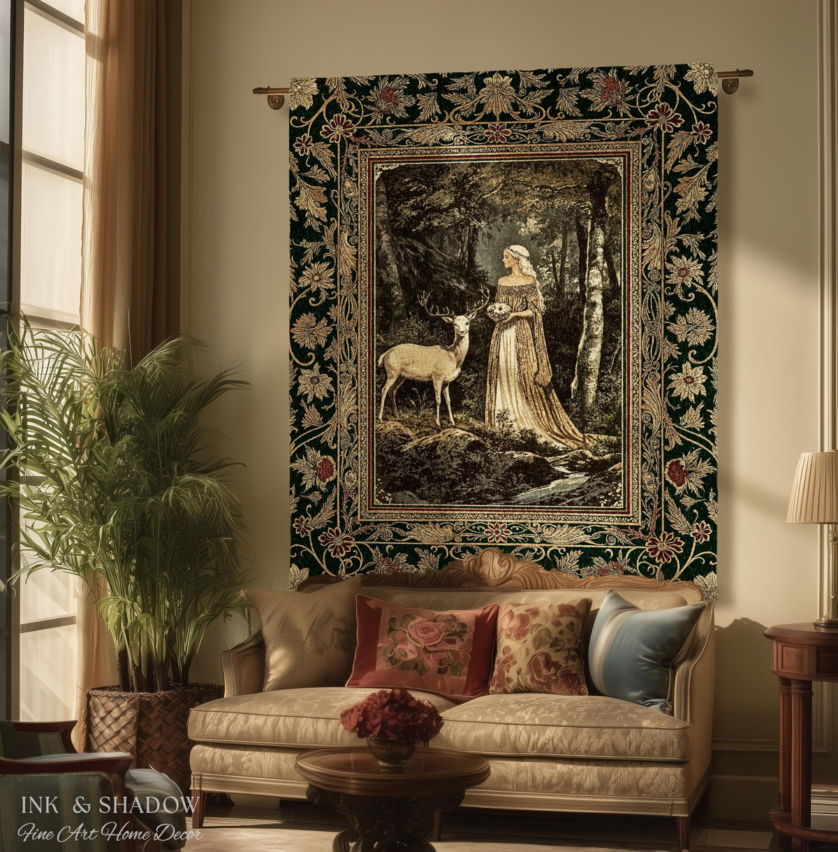 Nature Spirits Ethereal Woven Tapestry | Royal Medieval Folklore Whimsical Woodland Landscape Throw Blanket Fantasy Dark Forest Wall Hanging