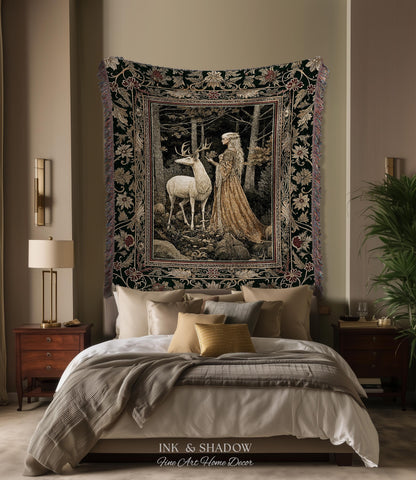 Elven Princess Mystic Woodland Woven Tapestry | Forest Nymph Renaissance Fairycore Magical Gothic Woods Ethereal Victorian Art Throw Blanket