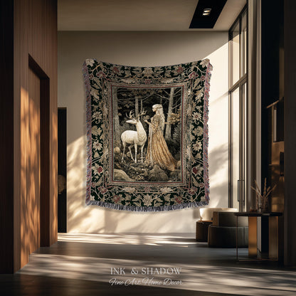 Elven Princess Mystic Woodland Woven Tapestry | Forest Nymph Renaissance Fairycore Magical Gothic Woods Ethereal Victorian Art Throw Blanket
