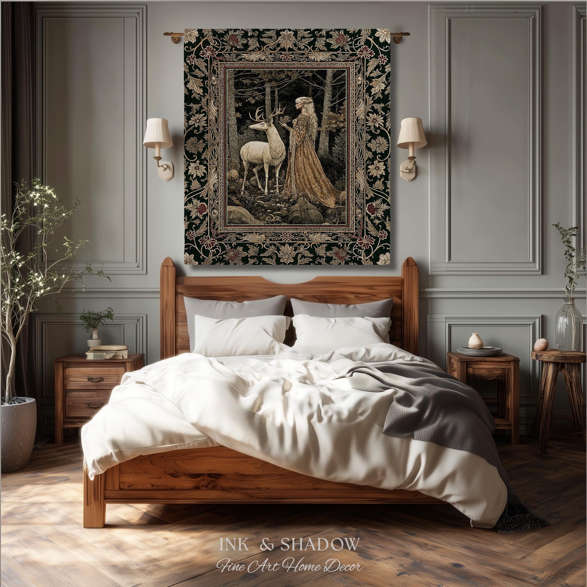 Elven Princess Mystic Woodland Woven Tapestry | Forest Nymph Renaissance Fairycore Magical Gothic Woods Ethereal Victorian Art Throw Blanket