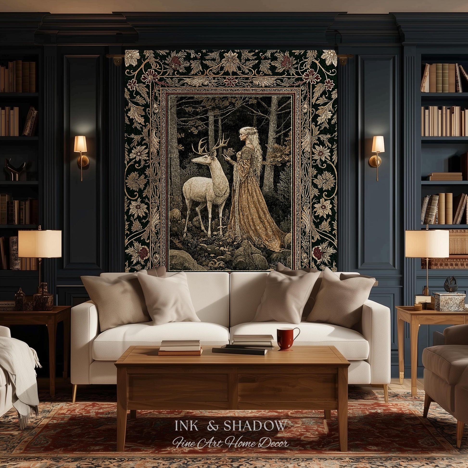 Elven Princess Mystic Woodland Woven Tapestry | Forest Nymph Renaissance Fairycore Magical Gothic Woods Ethereal Victorian Art Throw Blanket