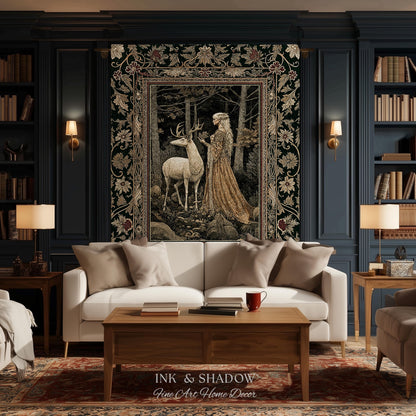 Elven Princess Mystic Woodland Woven Tapestry | Forest Nymph Renaissance Fairycore Magical Gothic Woods Ethereal Victorian Art Throw Blanket