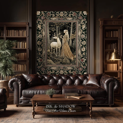 Elven Princess Mystic Woodland Woven Tapestry | Forest Nymph Renaissance Fairycore Magical Gothic Woods Ethereal Victorian Art Throw Blanket