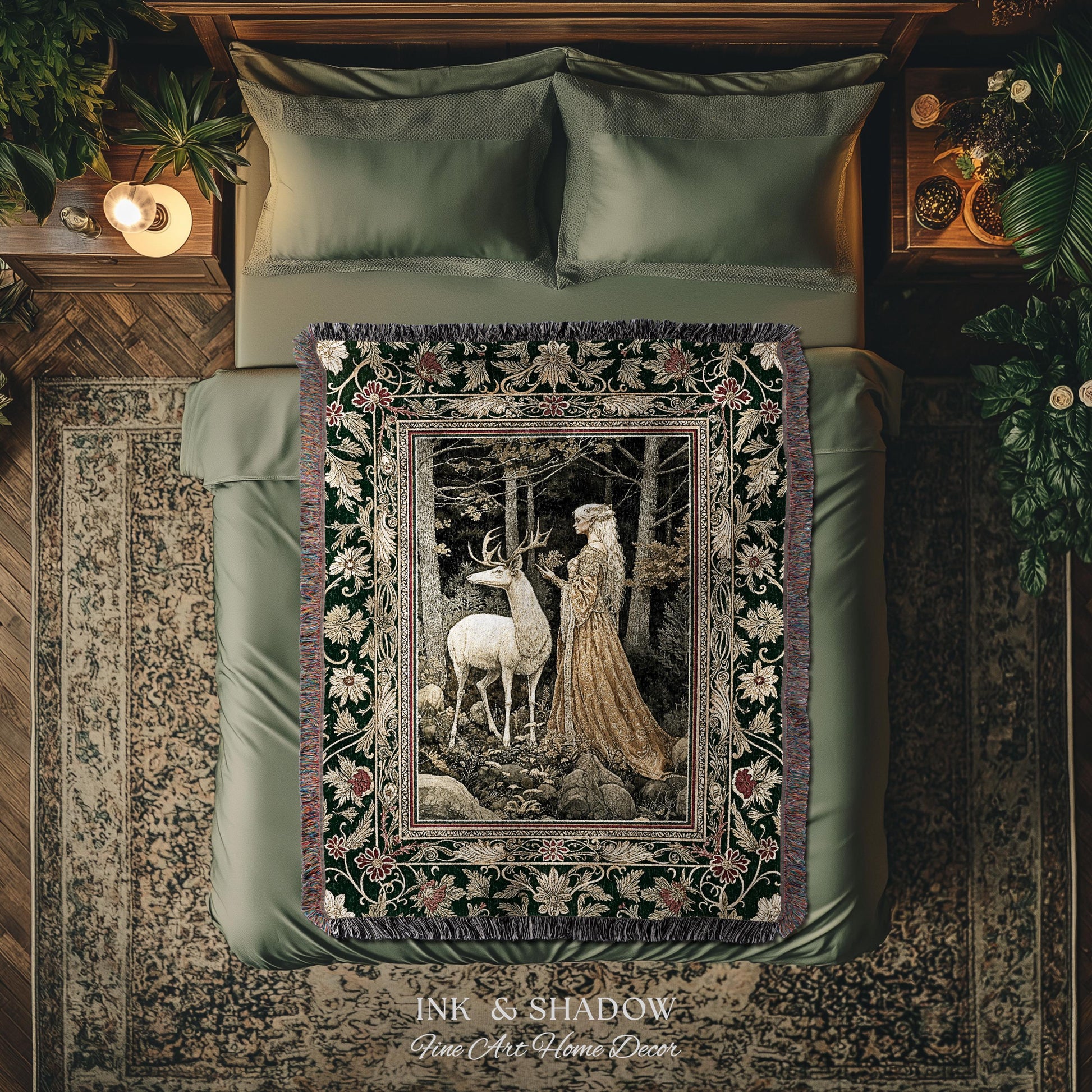 Elven Princess Mystic Woodland Woven Tapestry | Forest Nymph Renaissance Fairycore Magical Gothic Woods Ethereal Victorian Art Throw Blanket