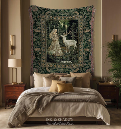 Botanical Folklore Ethereal Woven Throw | Forest Elegance Mother Earth Tapestry Fantasy Blanket Dark Green Wall Art Dark Fairycore Romantic