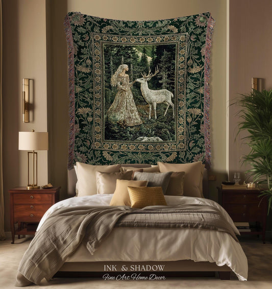 Botanical Folklore Ethereal Woven Throw | Forest Elegance Mother Earth Tapestry Fantasy Blanket Dark Green Wall Art Dark Fairycore Romantic