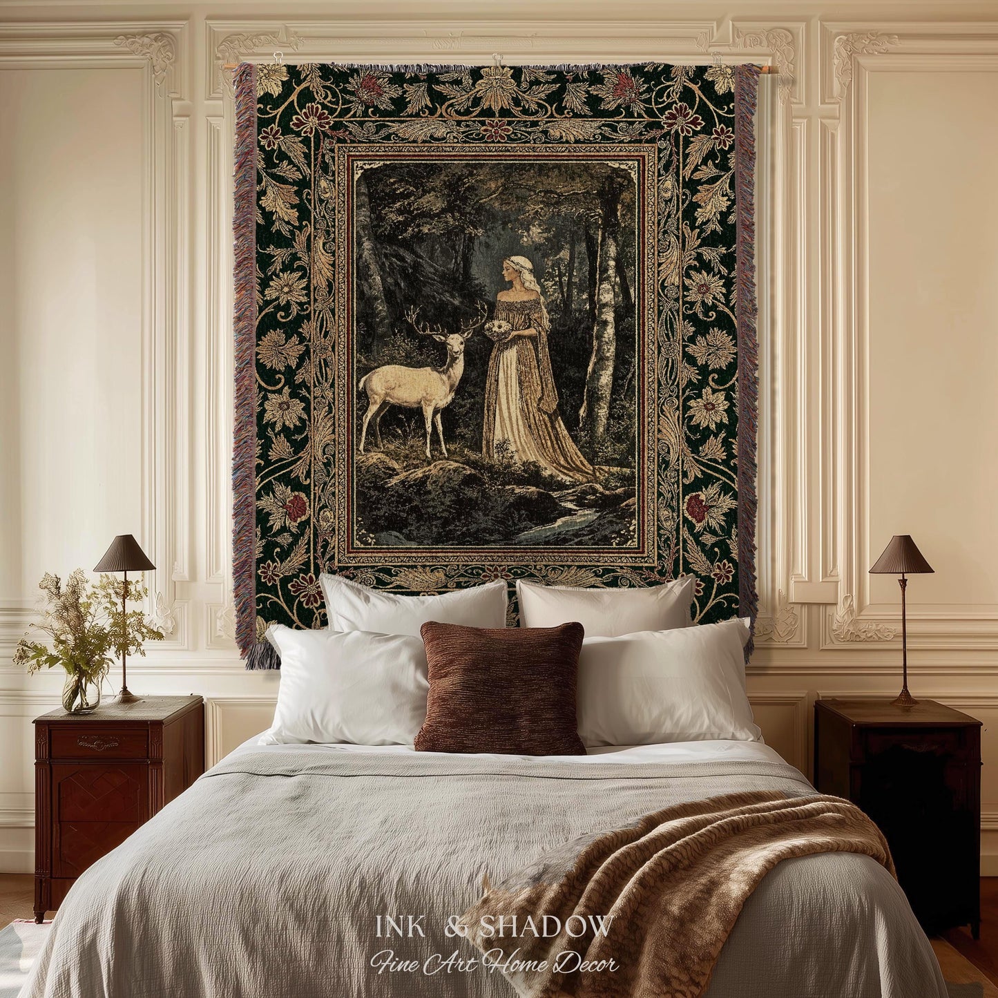 Nature Spirits Ethereal Woven Tapestry | Royal Medieval Folklore Whimsical Woodland Landscape Throw Blanket Fantasy Dark Forest Wall Hanging
