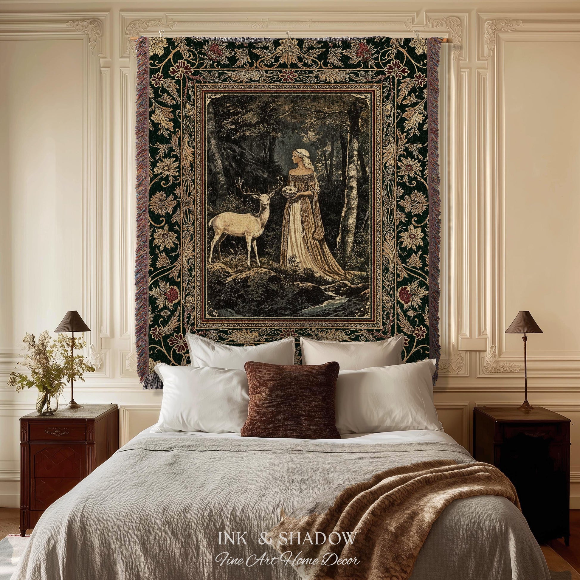Nature Spirits Ethereal Woven Tapestry | Royal Medieval Folklore Whimsical Woodland Landscape Throw Blanket Fantasy Dark Forest Wall Hanging