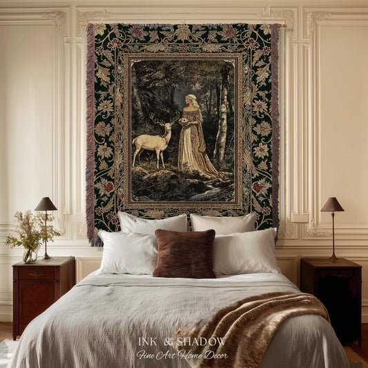 Nature Spirits Ethereal Woven Tapestry | Royal Medieval Folklore Whimsical Woodland Landscape Throw Blanket Fantasy Dark Forest Wall Hanging