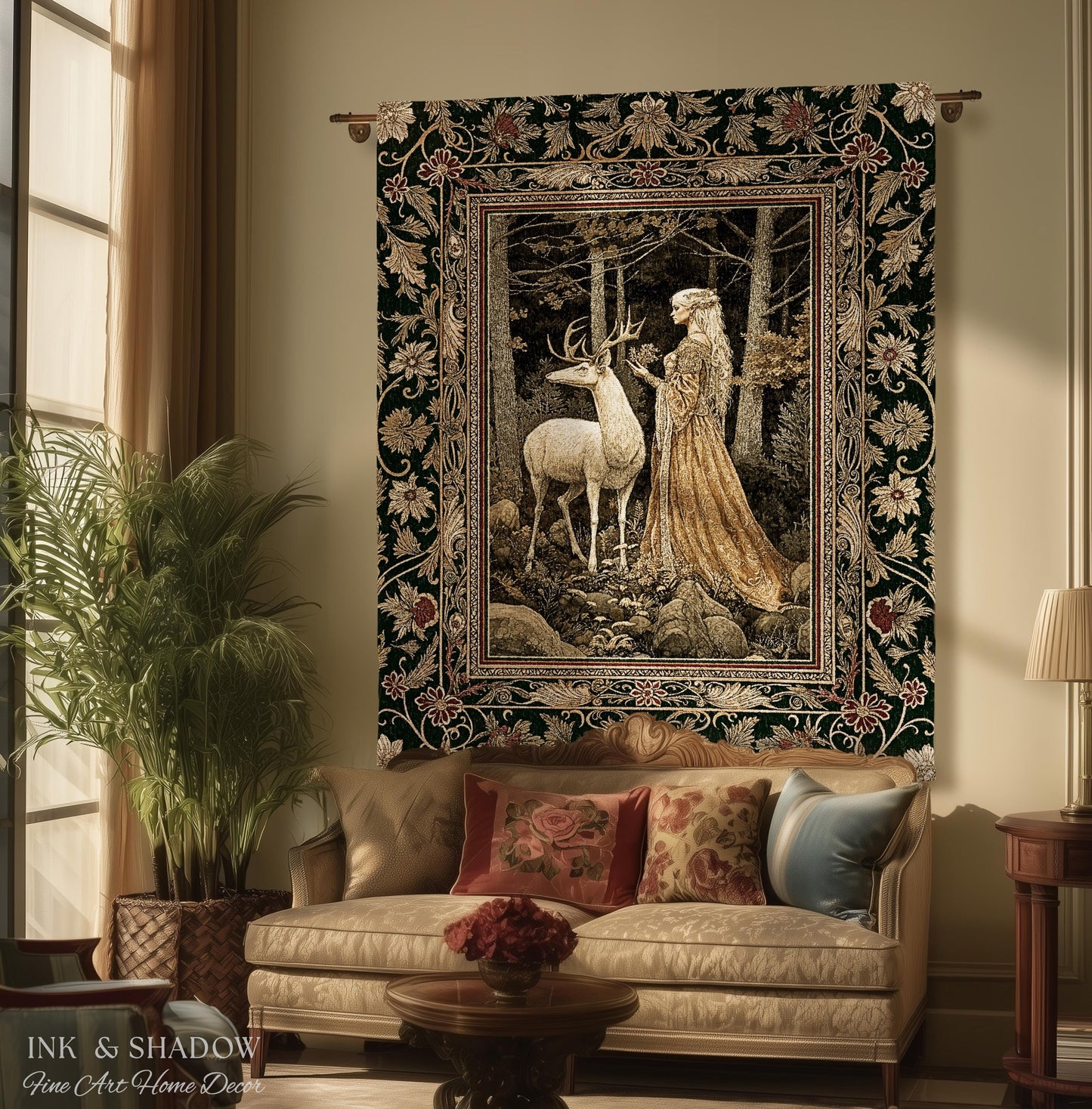 Elven Princess Mystic Woodland Woven Tapestry | Forest Nymph Renaissance Fairycore Magical Gothic Woods Ethereal Victorian Art Throw Blanket