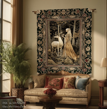 Elven Princess Mystic Woodland Woven Tapestry | Forest Nymph Renaissance Fairycore Magical Gothic Woods Ethereal Victorian Art Throw Blanket