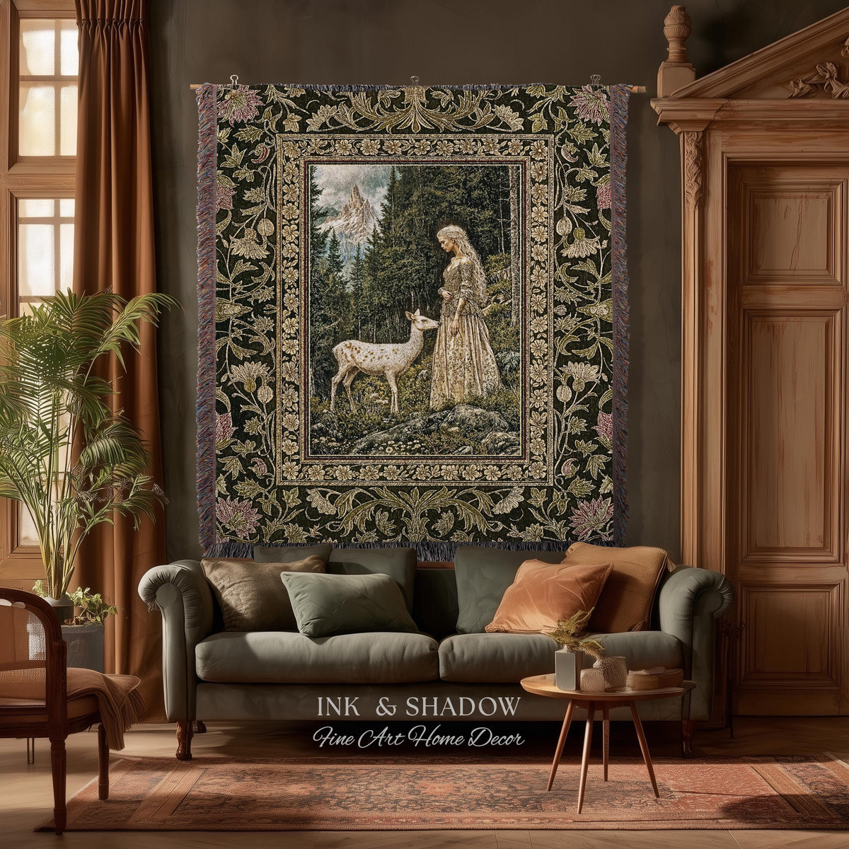Whimsy Woodland Goddess Tapestry | Elegant Fairytale Throw Blanket Woven Wall Art Victorian Botanical Princess Mystic Deer Forest Spirit